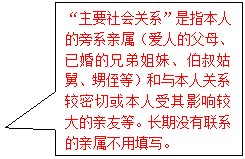 矩形标注: “主要社会关系”是指本人的旁系亲属(爱人的父母、已婚的兄弟姐妹、伯叔姑舅、甥侄等)和与本人关系较密切或本人受其影响较大的亲友等。长期没有联系的亲属不用填写。